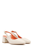 Women's Cream Thick Heeled Open Back Leather Shoes | Derimod