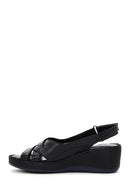 Women's Black Leather Wedge Heel Comfort Sandals | Derimod