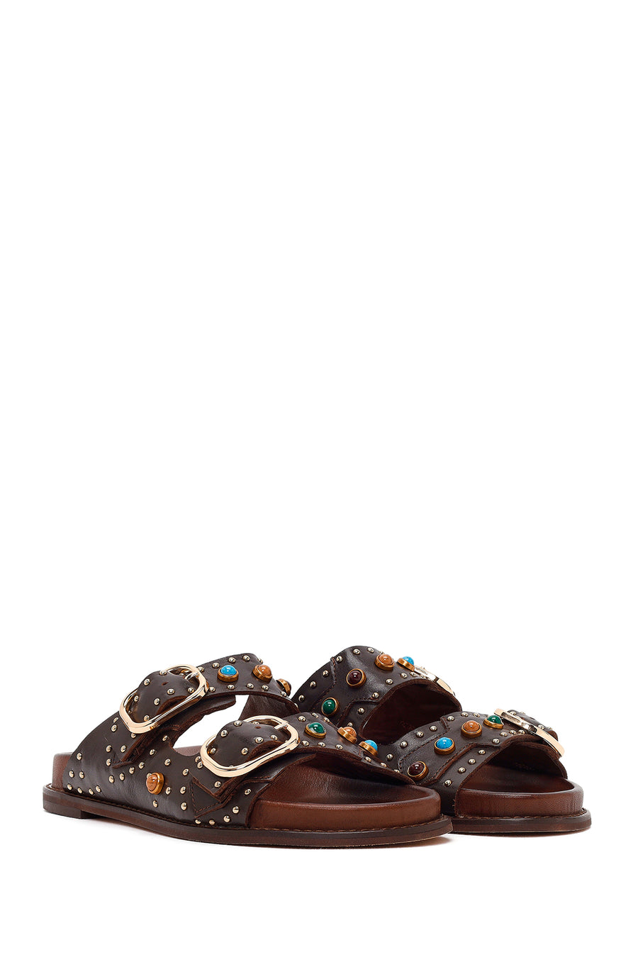 Women's Brown Studded Leather Slippers