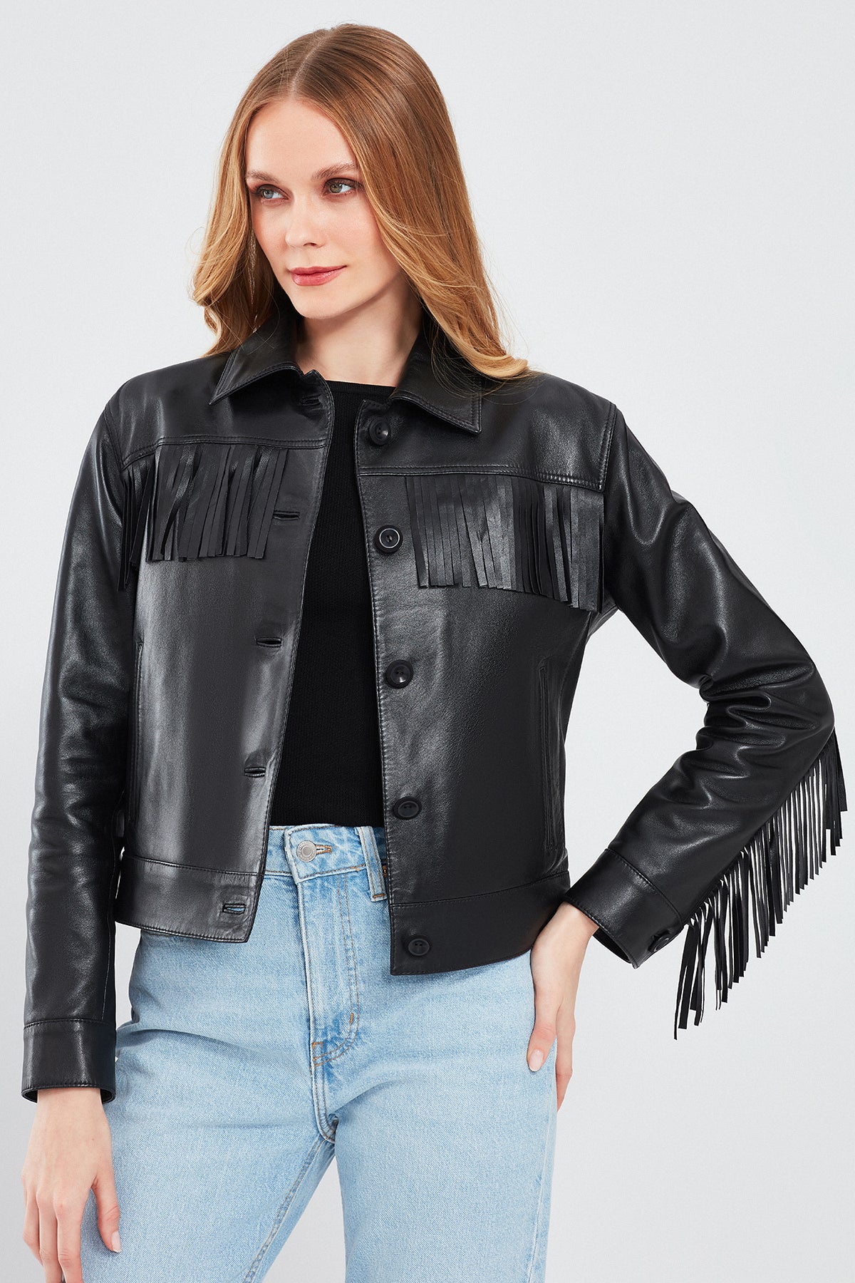 Luna Women's Black Tassel Detailed Leather Jacket 24SGE51871M | Derimod