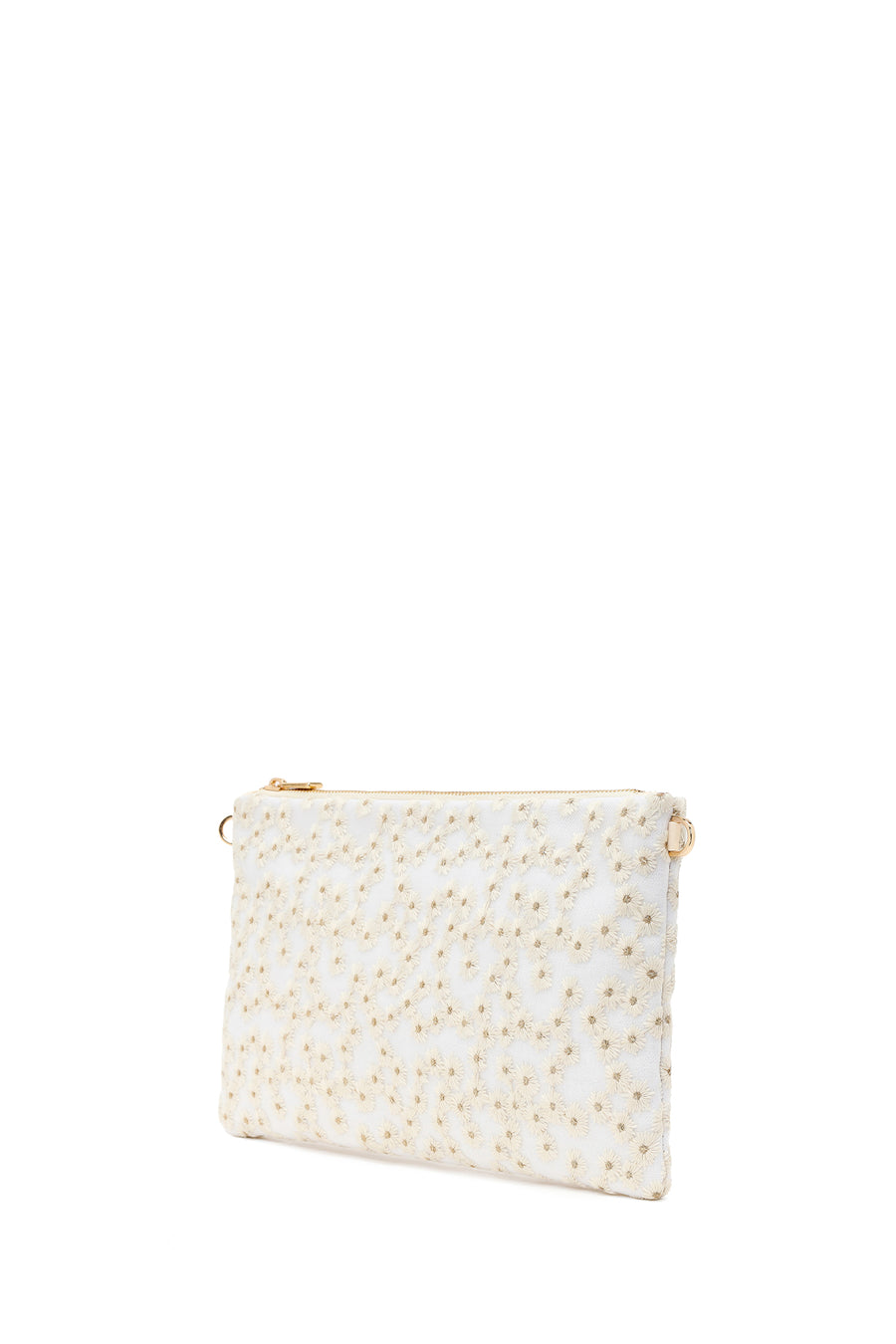 Woman Beige Long Chain Strap Patterned Clutch Bag