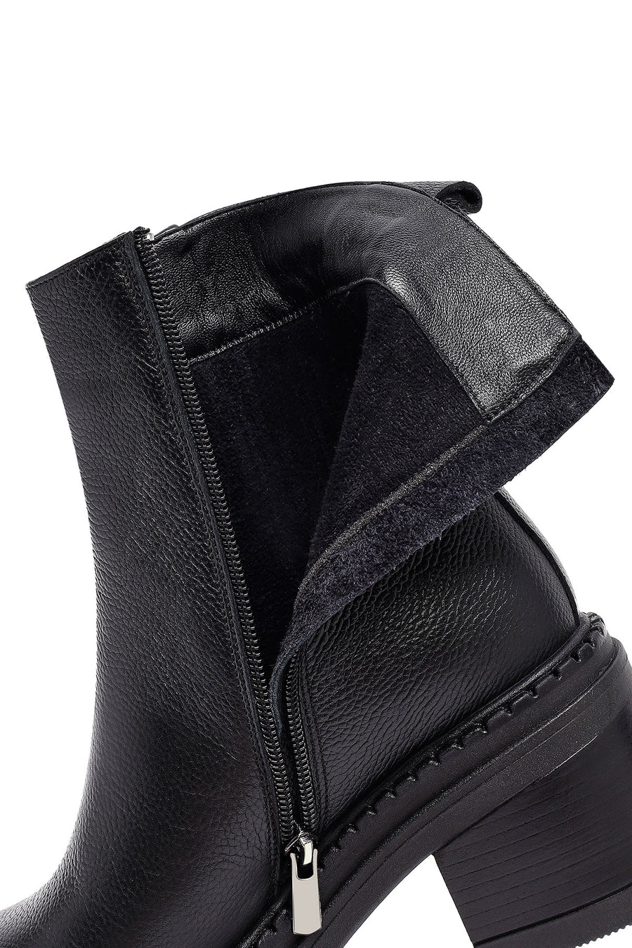 Woman Black Zip Closure Thick-Heeled Leather Boots