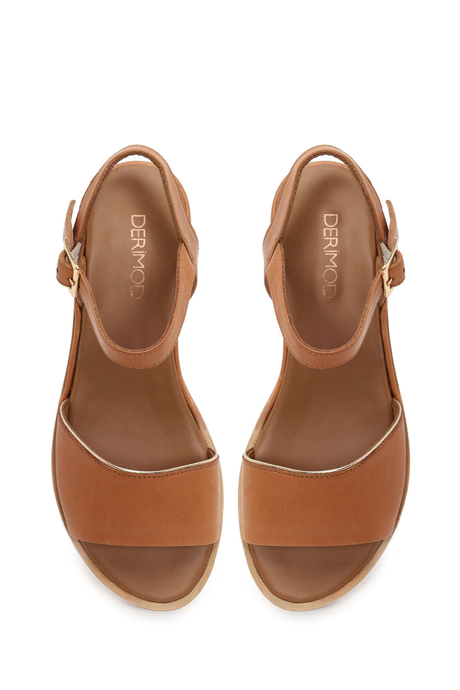 Woman Tan Strappy Wedge Heel Leather Sandal