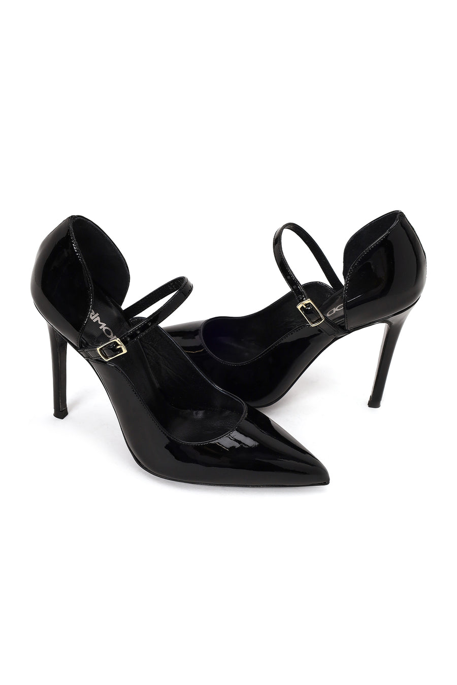 Woman Black Buckled High Thin-Heeled Patent Leather Leather Shoes