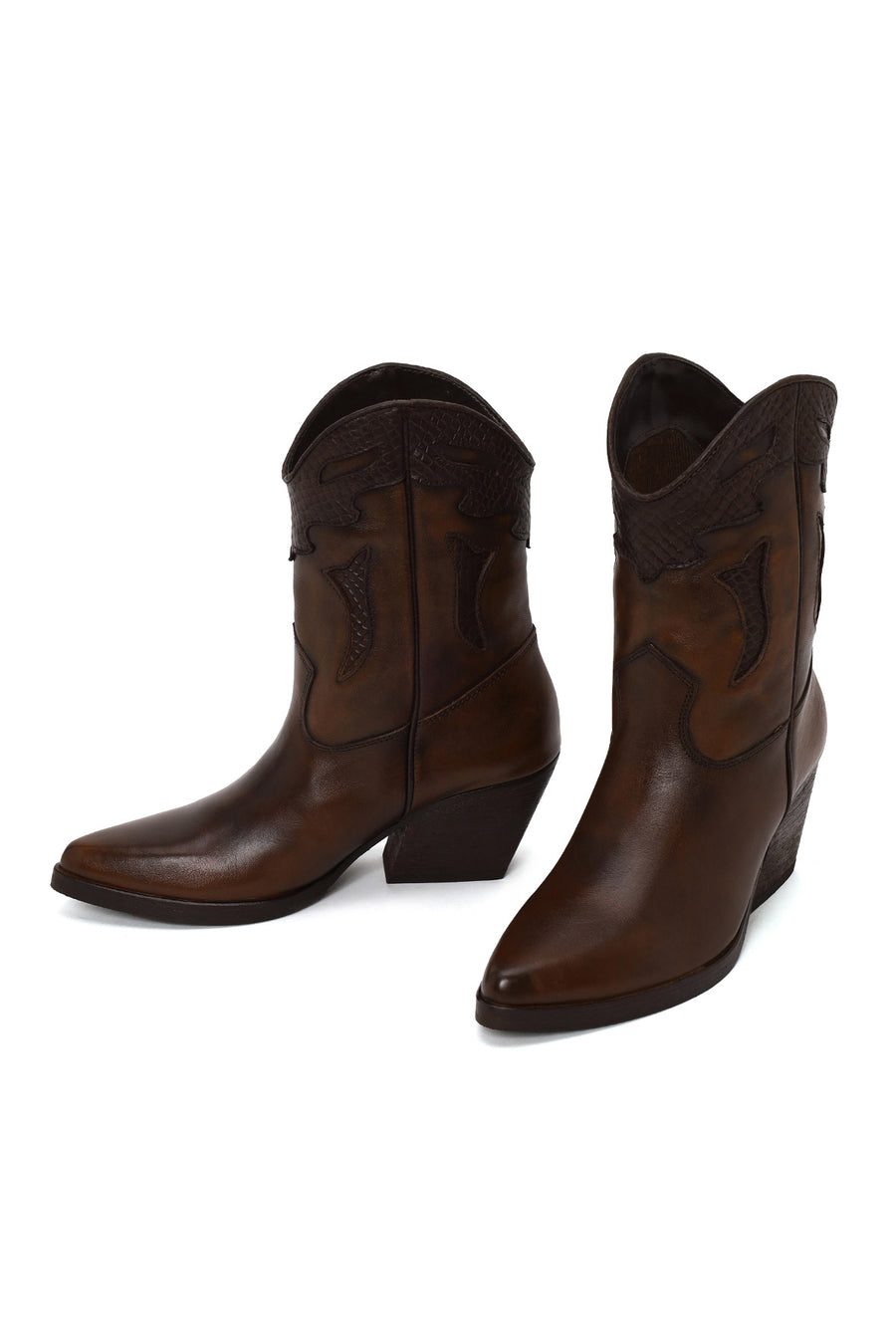 Woman Brown Short Chunky-Heeled Leather Cowboy Boots