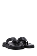 Women's Black Flip-Flop Leather Comfort Slippers | Derimod