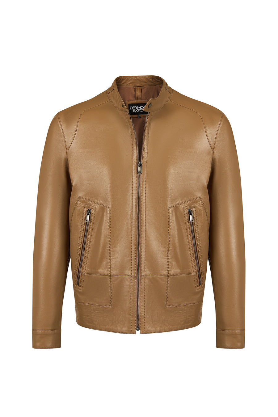 King Male Beige Mandarin Collar Leather Jacket