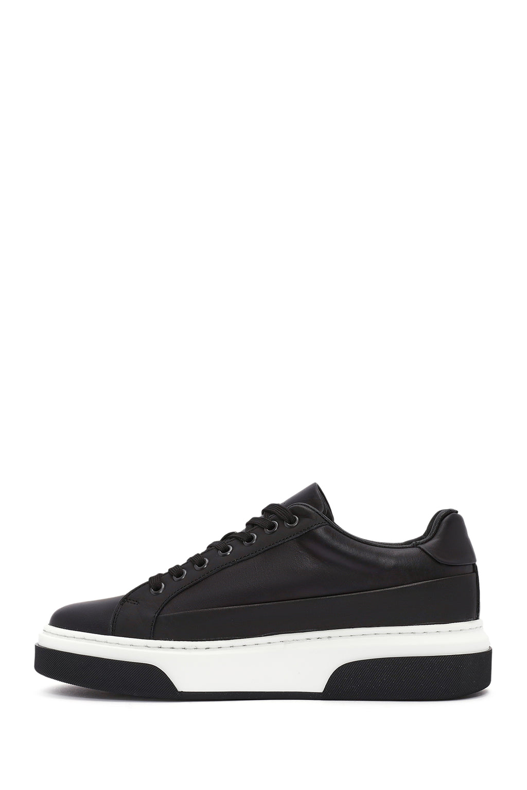 Erkek Siyah Bağcıklı Kalın Tabanlı Deri Sneaker