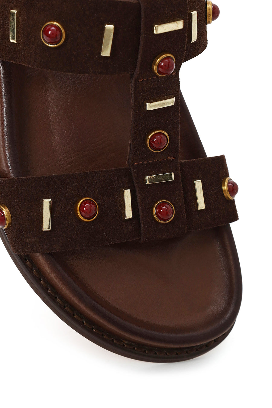 Woman Brown Stone-Embellished Suede Leather Sandals