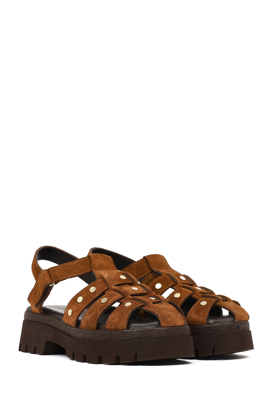 Woman Tan Strappy Thick-Soled Suede Leather Sandals