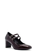 Women's Burgundy Double Buckled Thick Heeled Patent Leather Mary Jane Shoes | Derimod