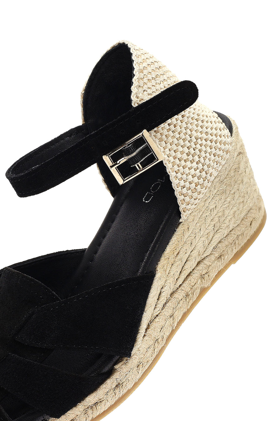 Women's Black Ankle Strap Wedge Heel Suede Leather Espadrille Sandals