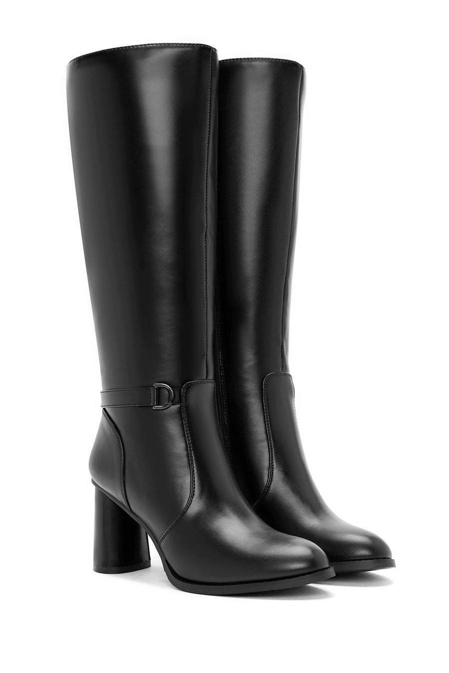 Women's Black Zippered Chunky High Heel Boots
