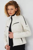 Tara Women's Beige Short Leather Jacket | Derimod