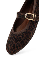 Woman Brown Leopard Patterned Buckled Suede Leather Ballet Flat | Derimod