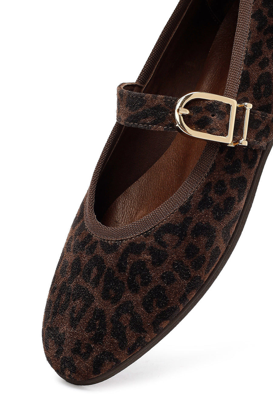 Woman Brown Leopard Patterned Buckled Suede Leather Ballet Flat
