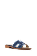 Women's Blue Patterned Leather Slippers | Derimod