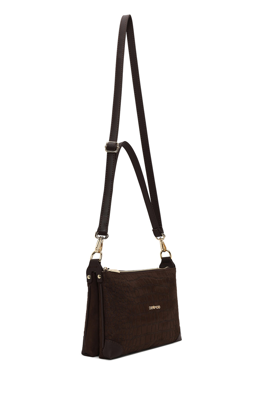 Woman Brown Printed Long-Strap Suede Shoulder Bag