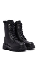 Woman Black Zippered Lace-Up Thick Sole Leather Postal Boots | Derimod