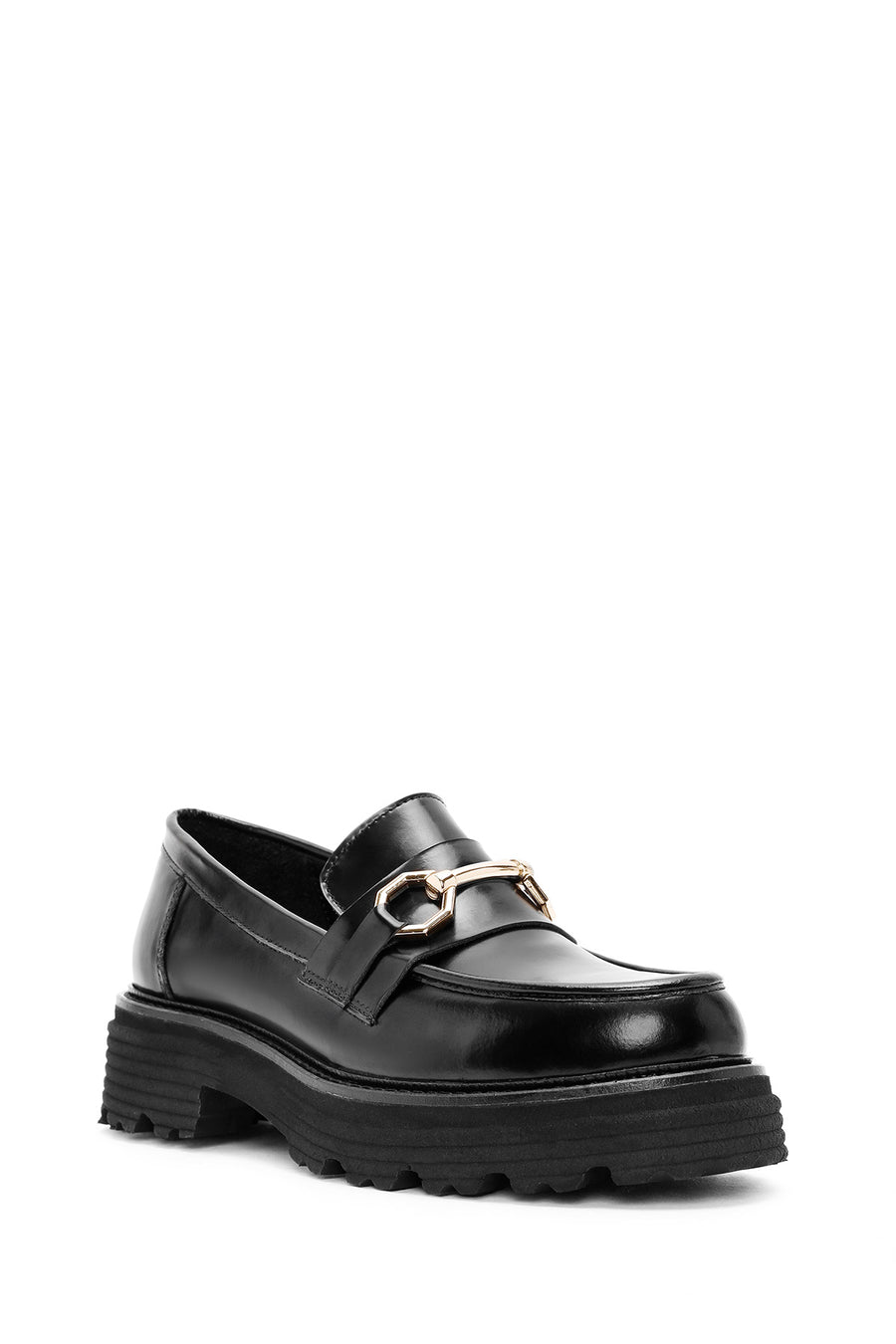 Kadın Siyah Tokalı Deri Maskülen Loafer