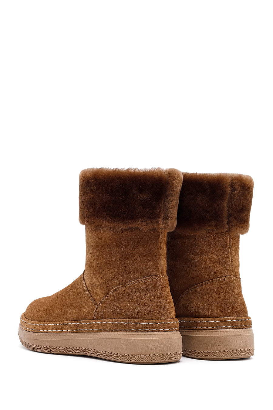 Woman Tan Thick-Soled Suede with Fur Detail Leather Boat