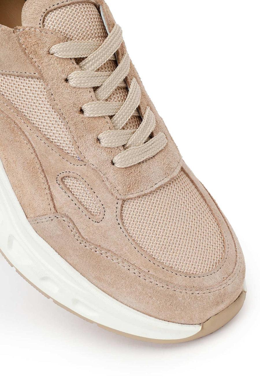 Woman Beige Lace-Up Thick-Soled Suede Leather Sneaker
