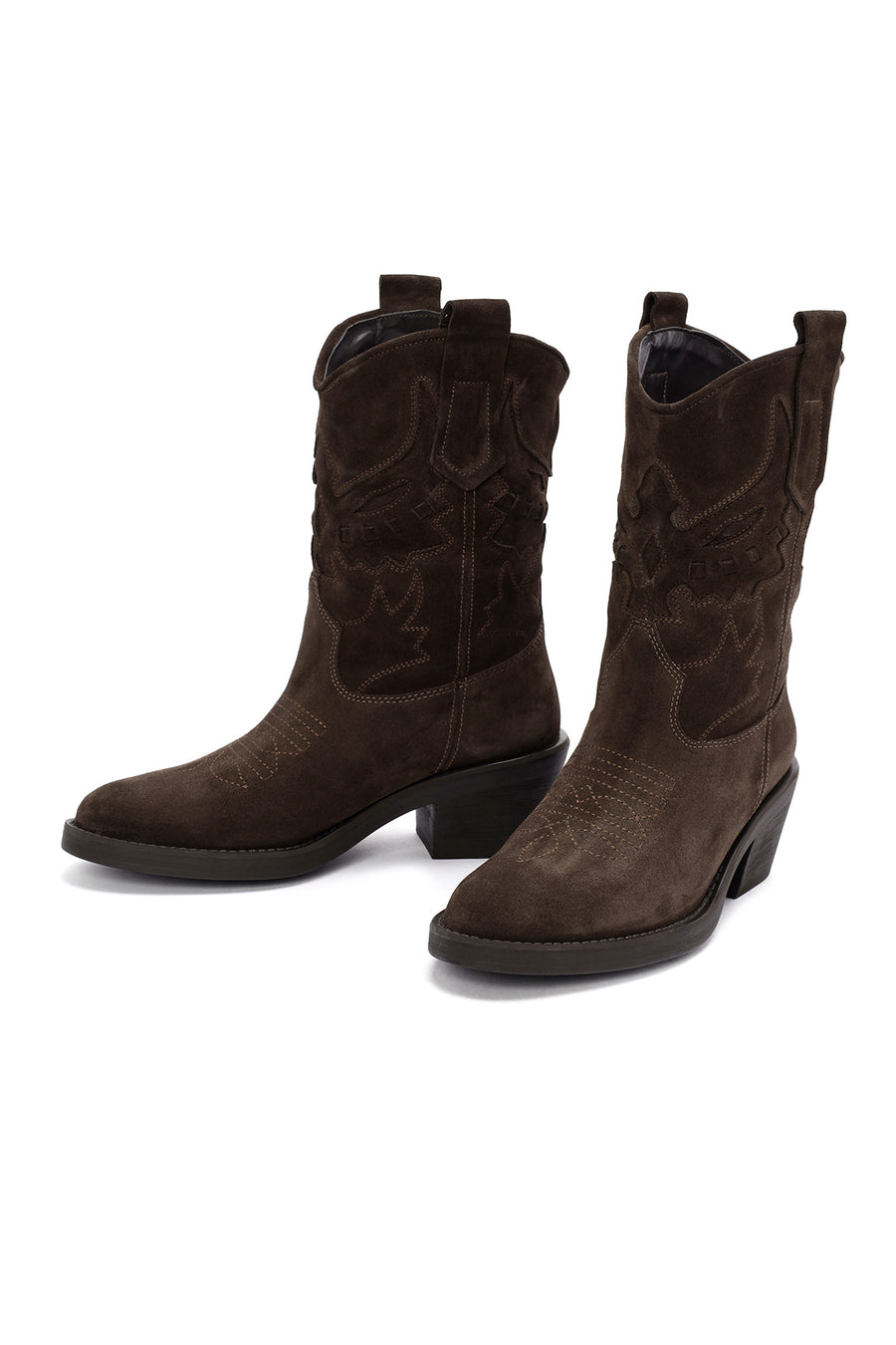 Woman Brown Short Chunky Heeled Suede Cowboy Boots