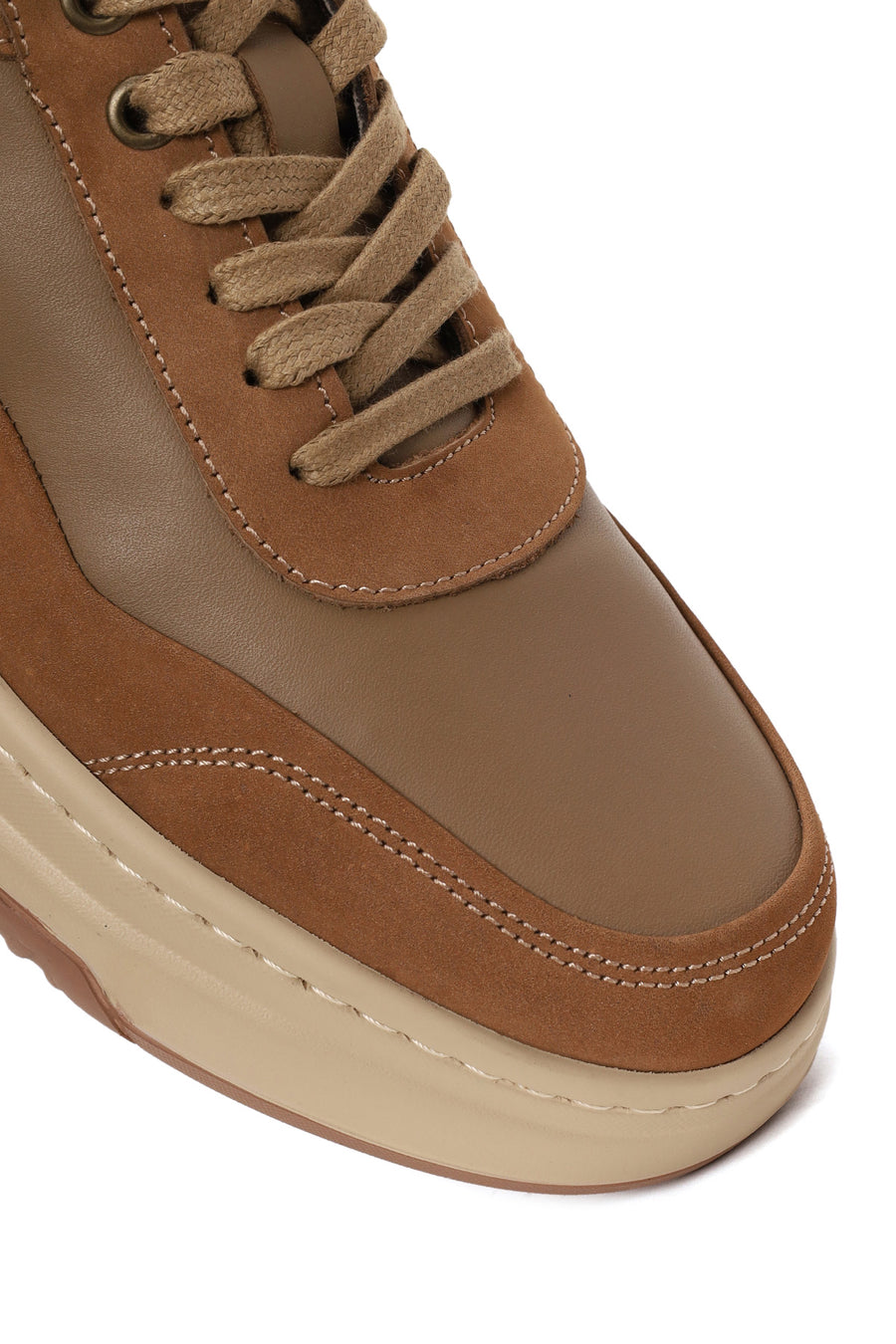 Erkek Vizon Bağcıklı Kalın Tabanlı Deri Sneaker