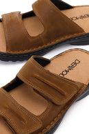 Men's Brown Strapped Nubuck Leather Slippers | Derimod