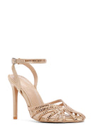 Women's Beige Ankle Strap Stone Thin Heel Sandals | Derimod