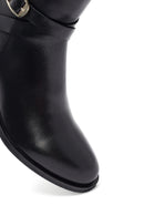 Woman Black Zip Closure Thick-Heeled Leather Boots | Derimod