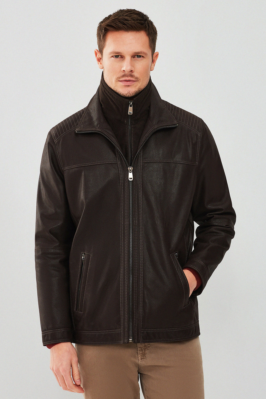 Roberto Men's Brown Double Collar Leather Jacket