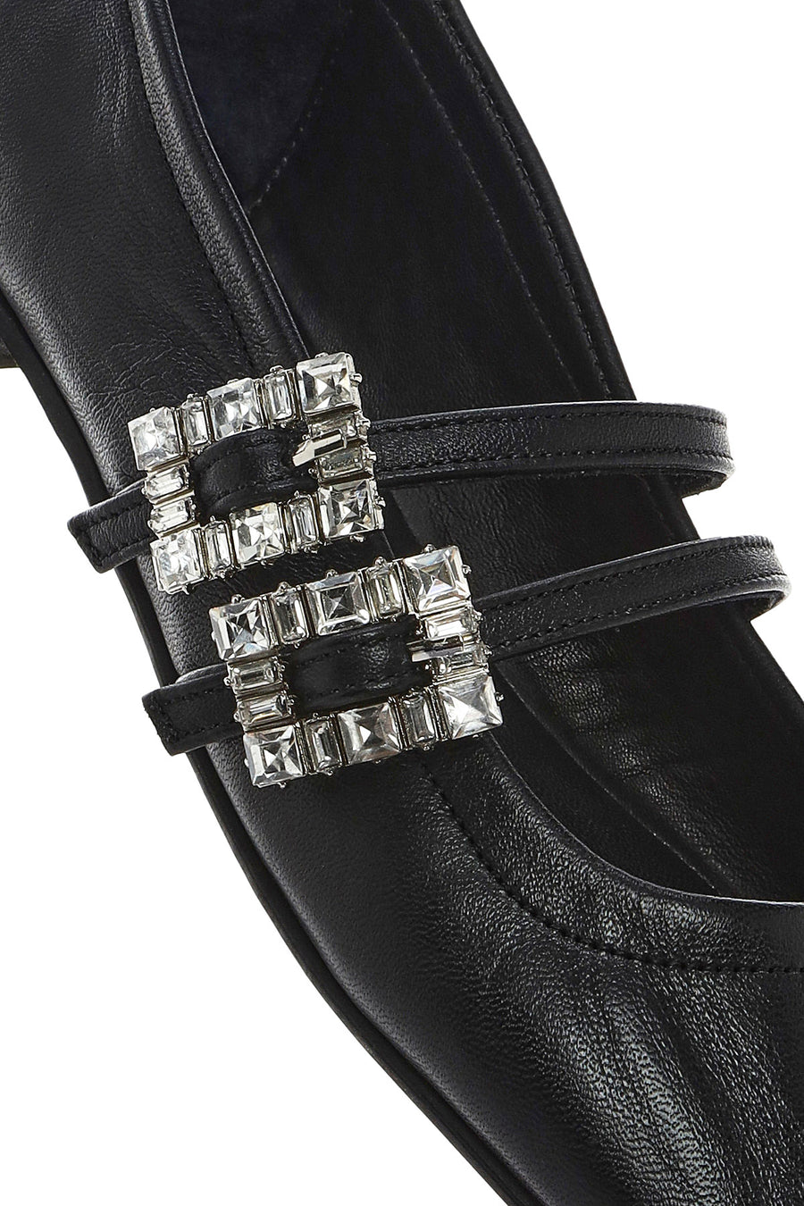 Women's Black Double Buckled Stoned Leather Ballerinas
