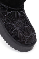 Woman Black Patterned Chunky Sole Suede Teddy Boots | Derimod