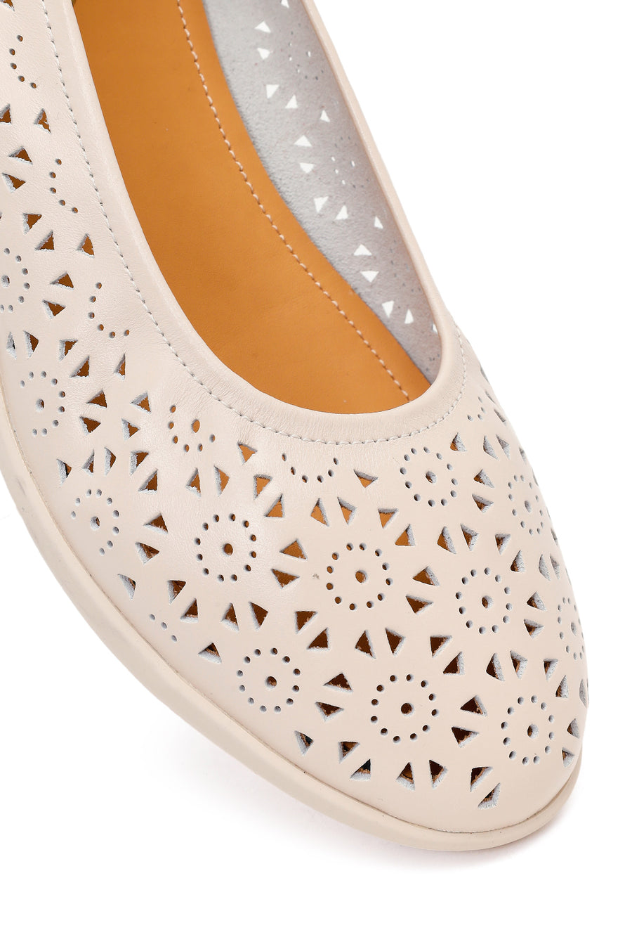 Women's Cream Patterned Leather Ballet Flats