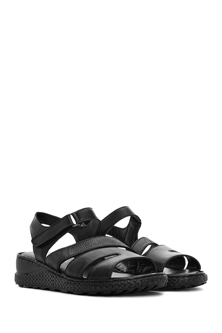 Women's Black Ankle Strap Chunky Sole Leather Comfort Sandals
