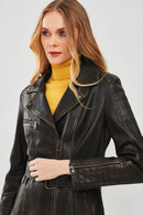 Mayfair Women's Brown Vintage Long Biker Leather Jacket | Derimod