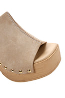 Women's Beige Thick Heeled Suede Leather Slippers | Derimod