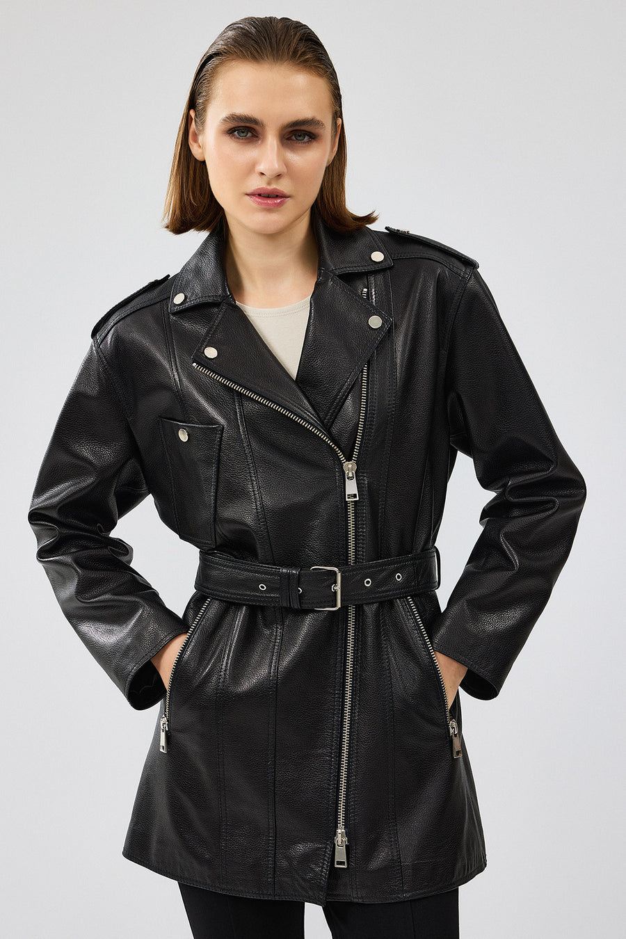 Venus Women's Black Double Breasted Leather Jacket 24WGD5216FT | Derimod