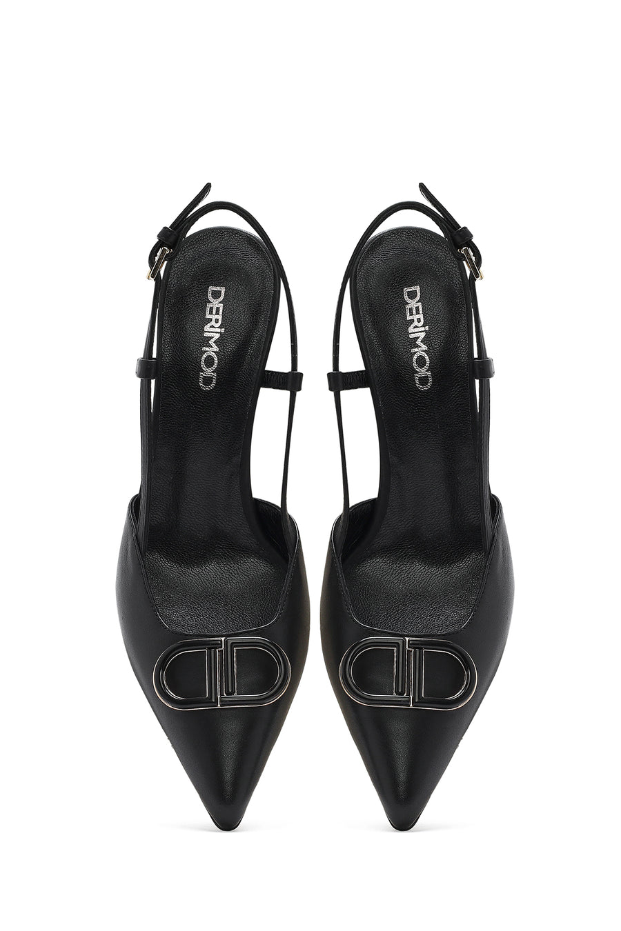 Women's Black Open Back Thin Heeled Leather Shoes