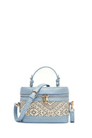 Women's Blue Long Strap Patterned Mini Box Crossbody Bag | Derimod