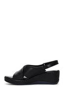 Women's Black Wedge Heeled Leather Comfort Sandals with Ankle Strap | Derimod