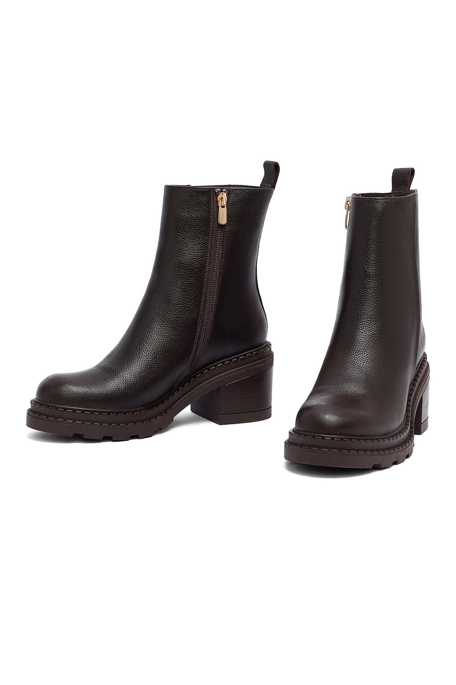 Woman Brown Zip Closure Chunky Heeled Leather Boots