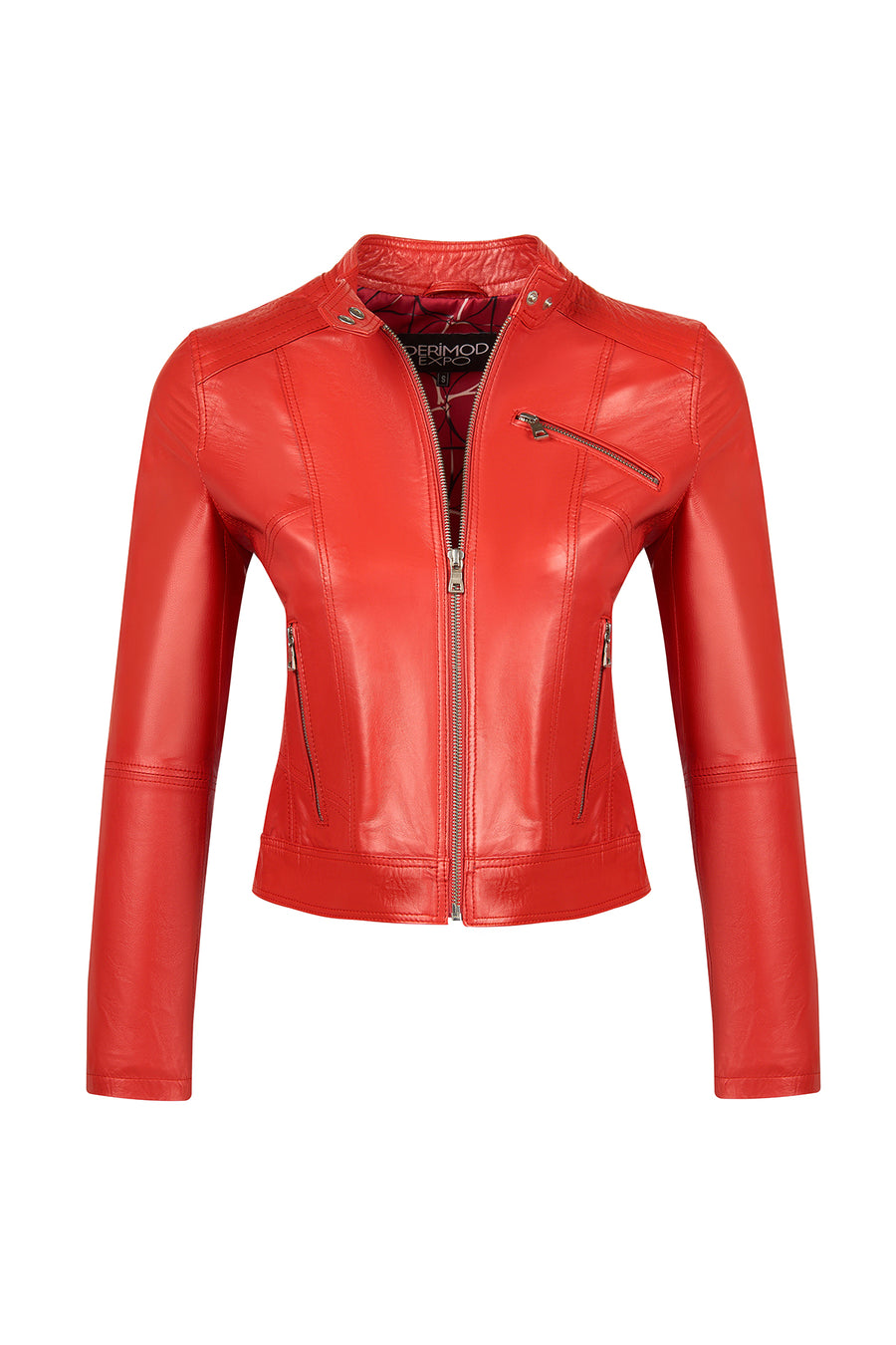 Kylie Woman Red Stand Collar Short Leather Jacket