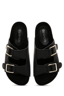 Women's Black Double Buckle Thick Soled Slippers | Derimod