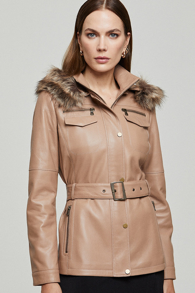 Lavinia Women's Beige Hooded Fur Leather Coat 21WGE59261M | Derimod