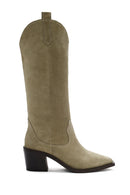 Women's Beige Chunky Heel Suede Leather Cowboy Boots | Derimod