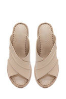 Woman Cream Wedge Heel Leather Comfort Slippers | Derimod