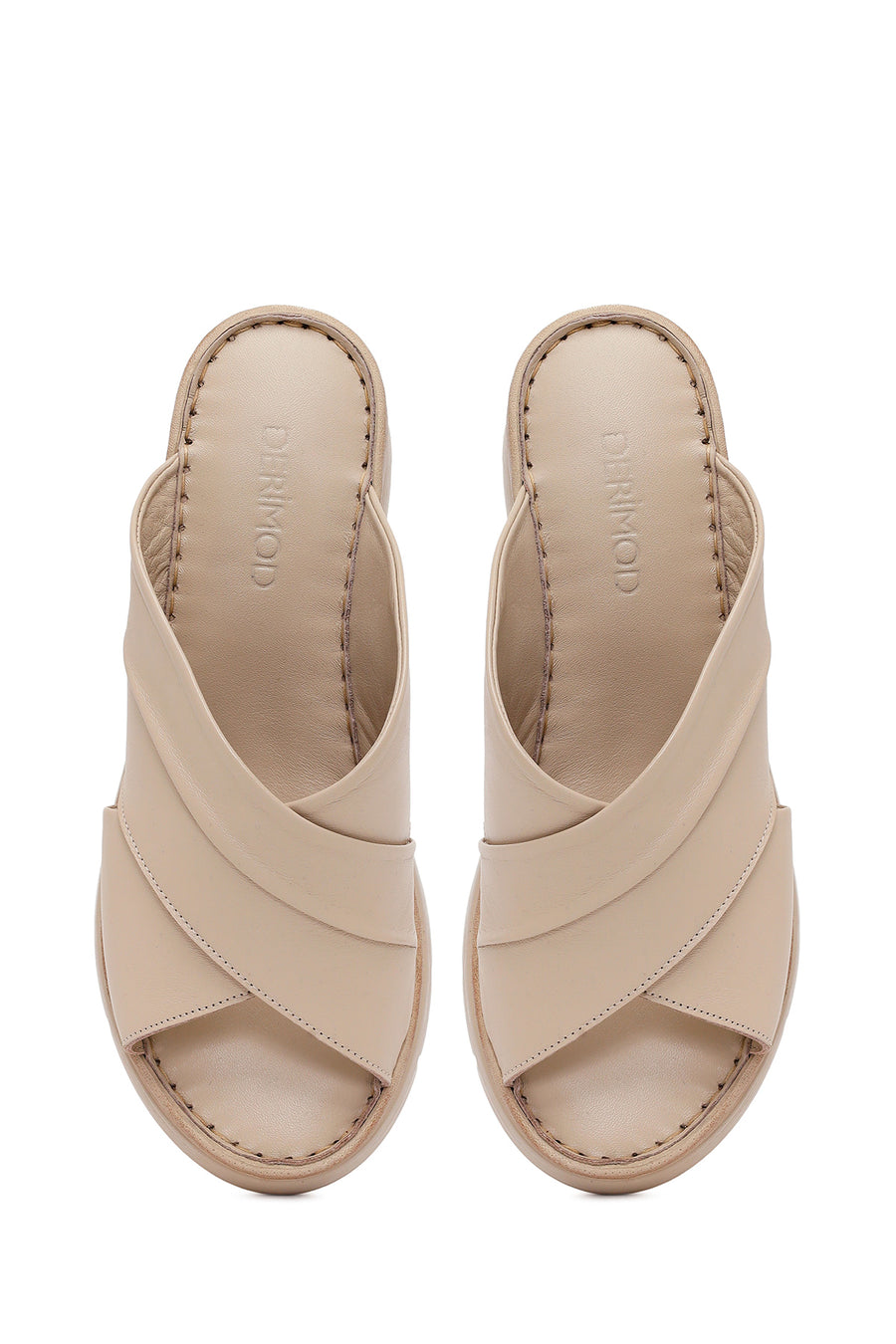 Woman Cream Wedge Heel Leather Comfort Slippers
