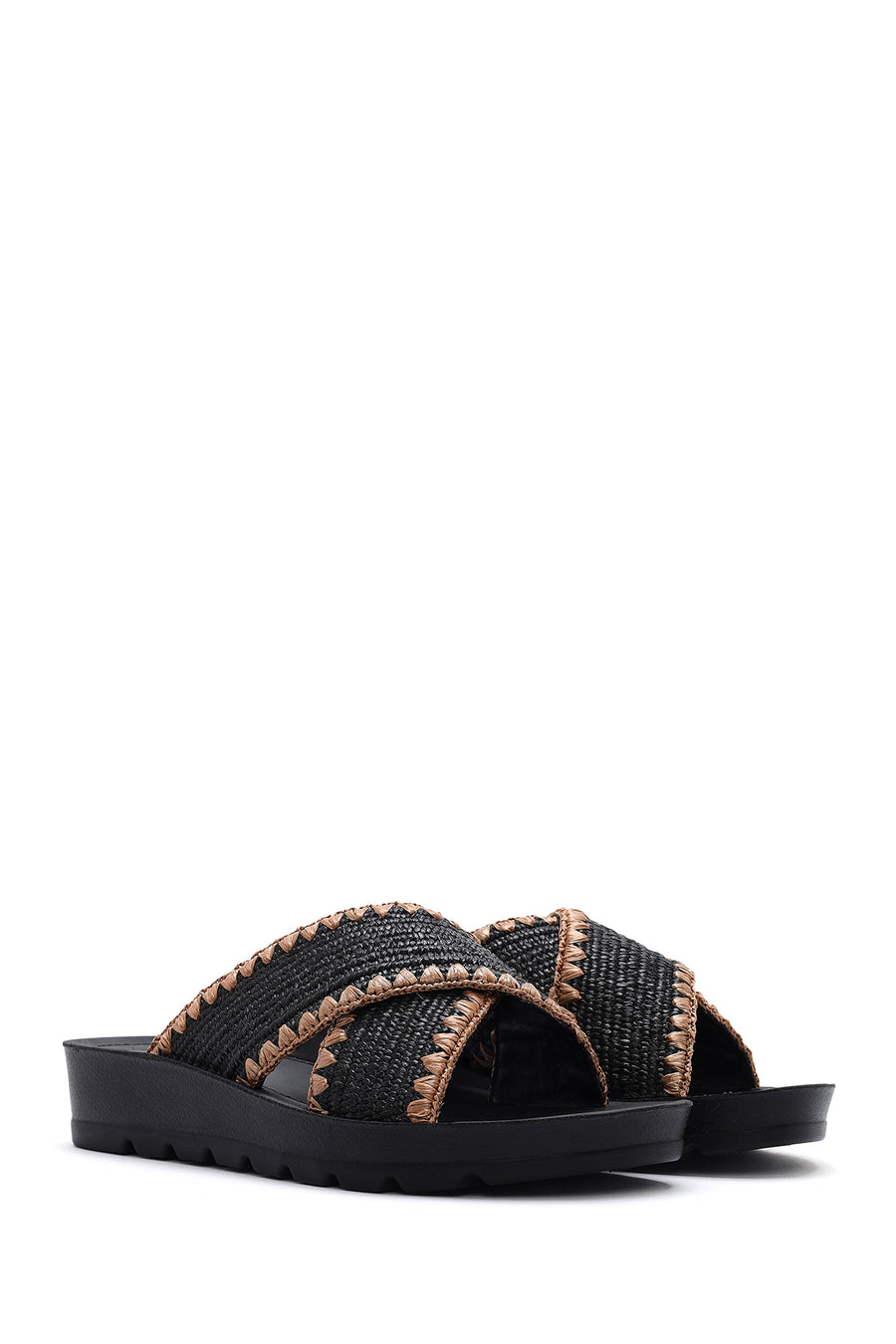 Women's Black Thick-Soled Straw Slippers